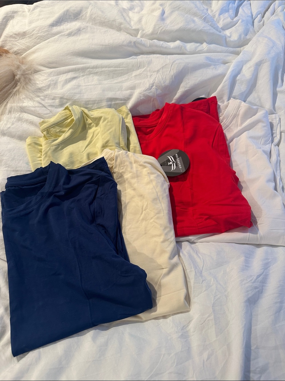 4 Assorted Solid Crewneck Tees - Red, Navy, Cream, Pale Yellow and all NWT.